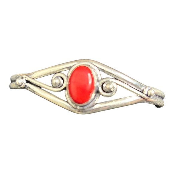 925 Sterling Silver Red Coral Cuff Bracelet Adjustable Size - Picture 1 of 8